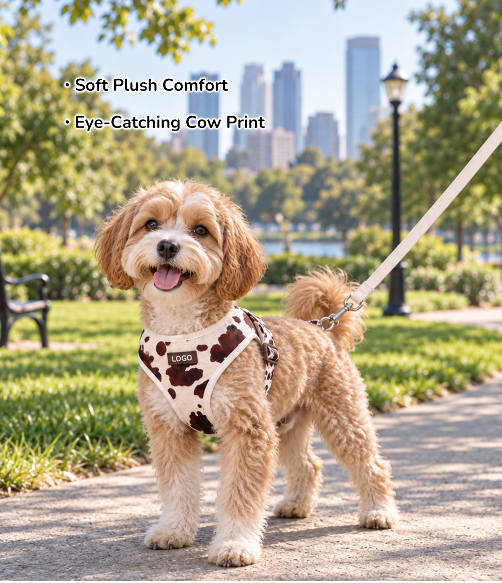 Custom Plush Cow Print Dog Harness, Collar & Leash Set.jpg